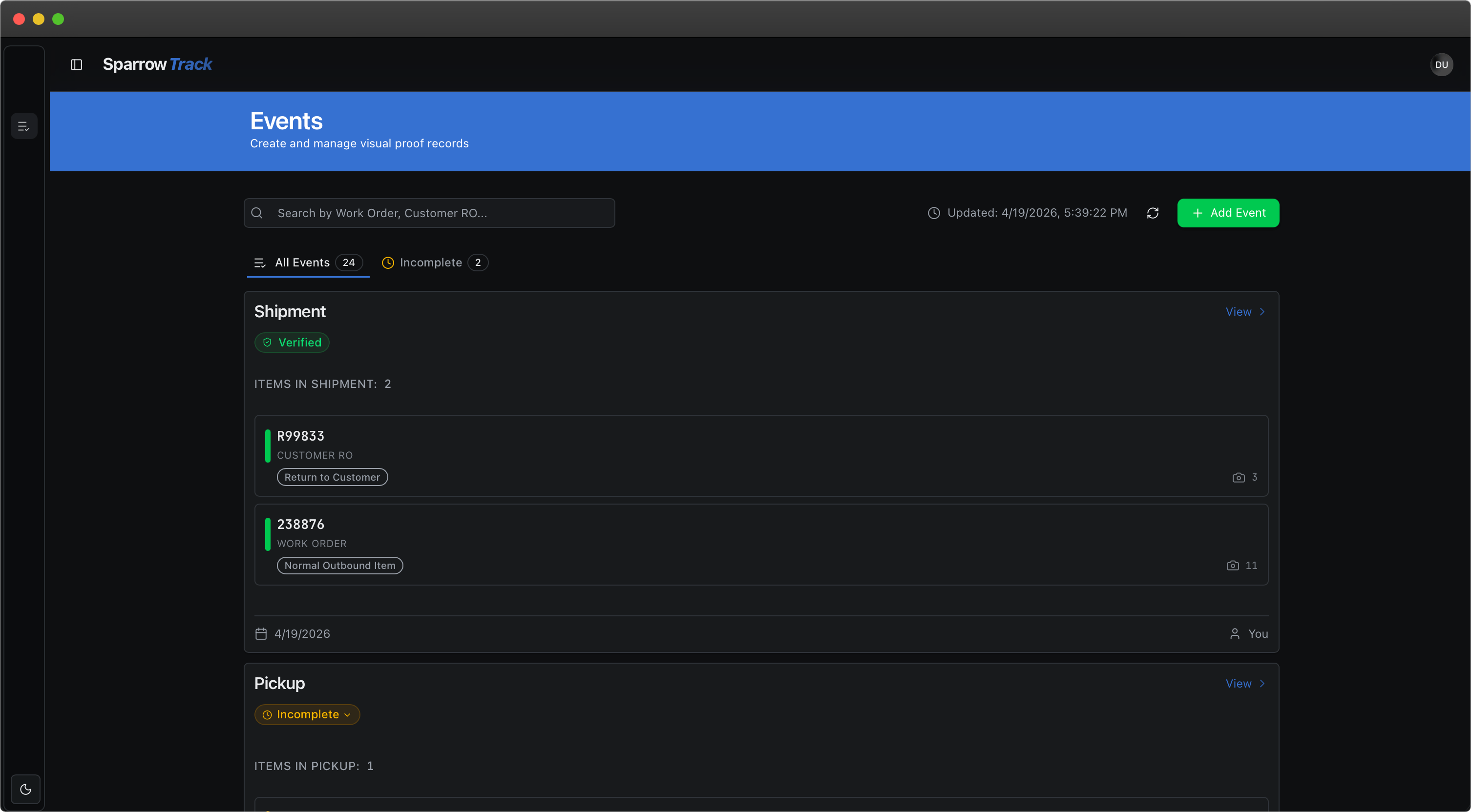 SparrowTrack desktop dashboard preview