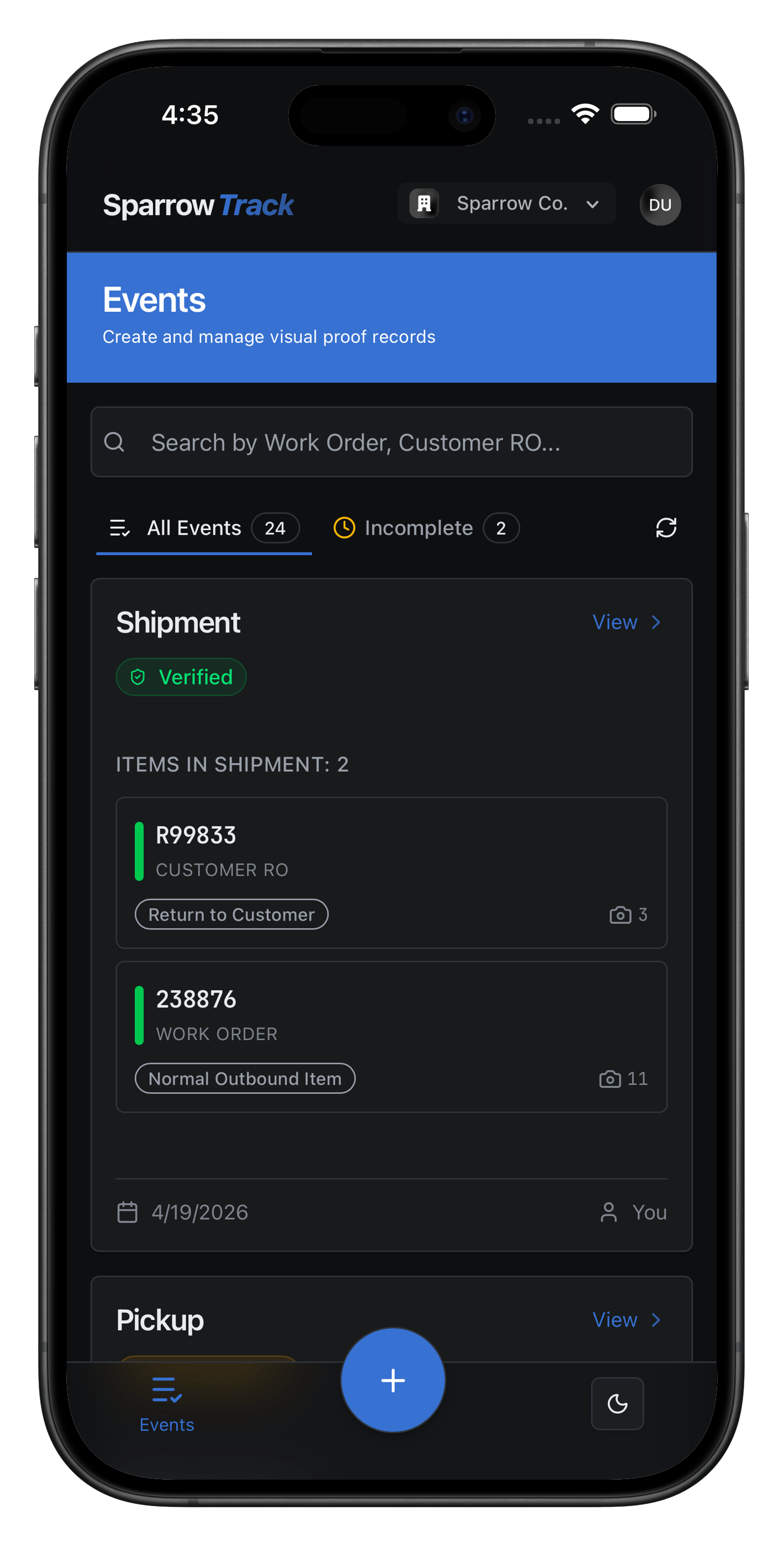 SparrowTrack mobile preview