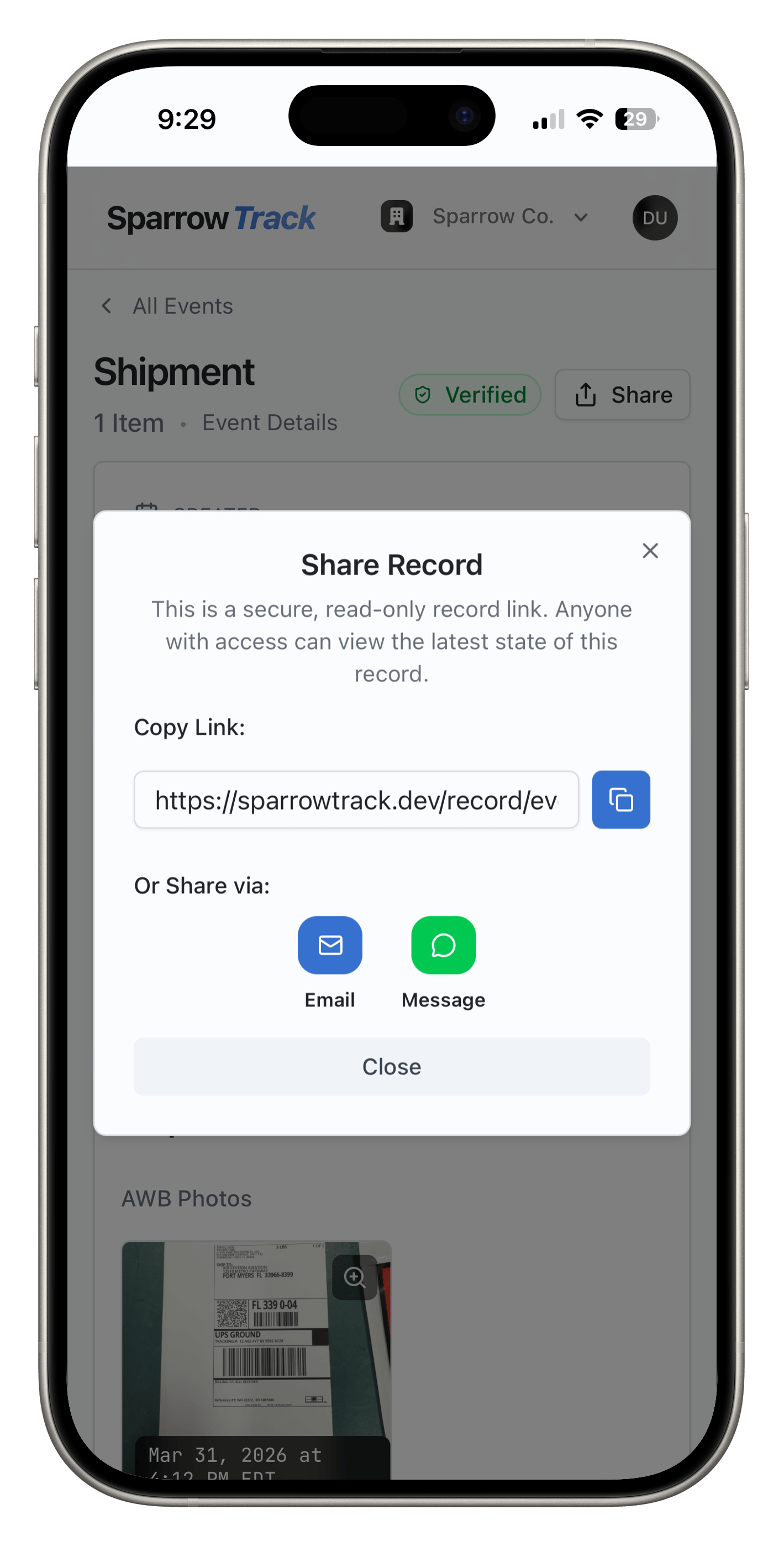 SparrowTrack mobile preview