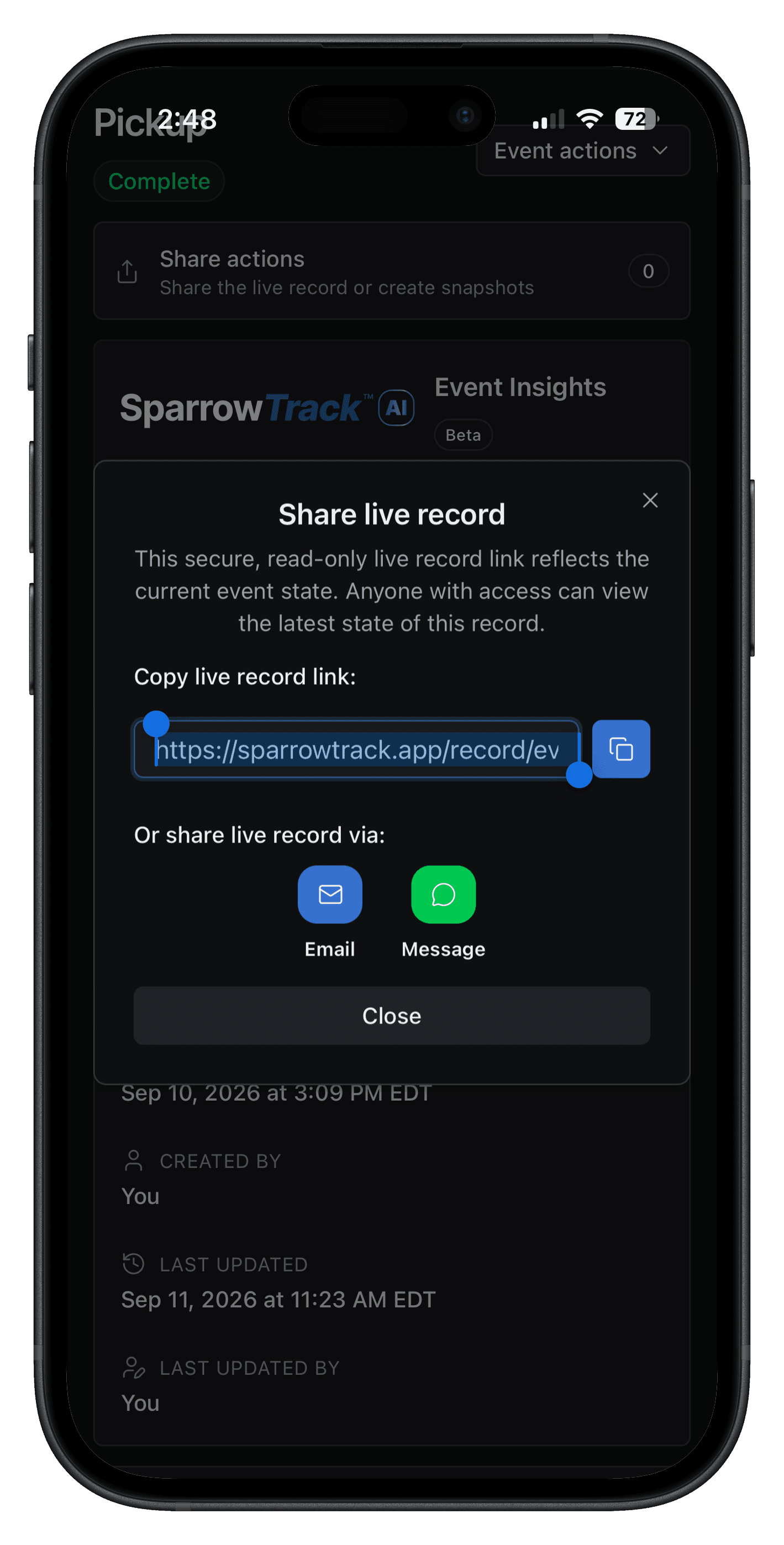 SparrowTrack on iPhone showing the Share live record dialog, with a copyable link and email or message sharing