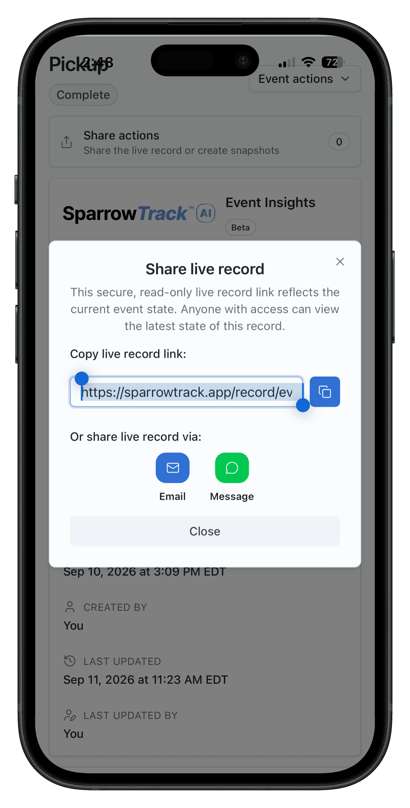 SparrowTrack on iPhone showing the Share live record dialog, with a copyable link and email or message sharing
