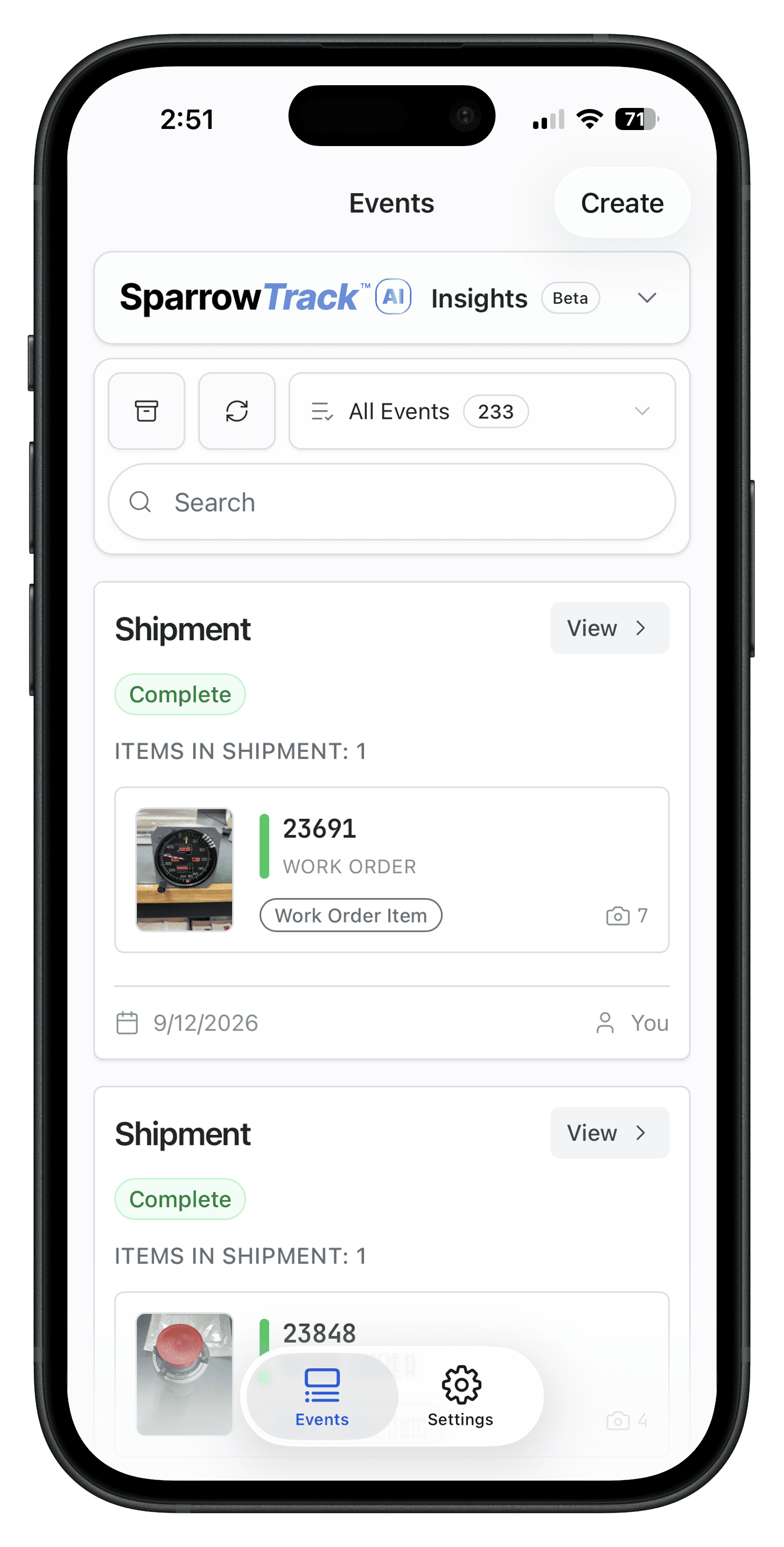 SparrowTrack events overview showing shipment items, work-order references, and completion status
